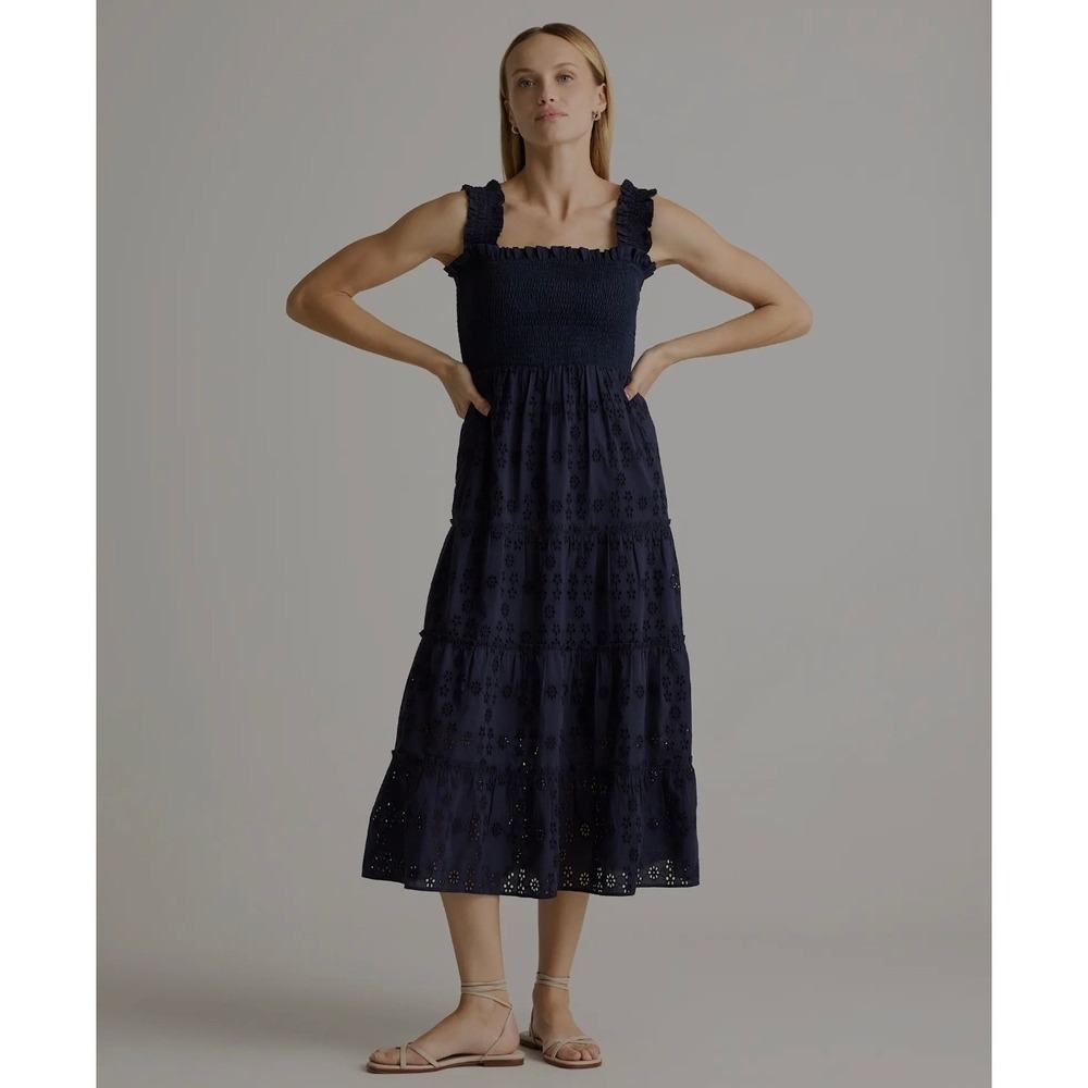 Quince Navy Blue Organic Cotton Eyelet Smocked Tiered Midi Dress Large